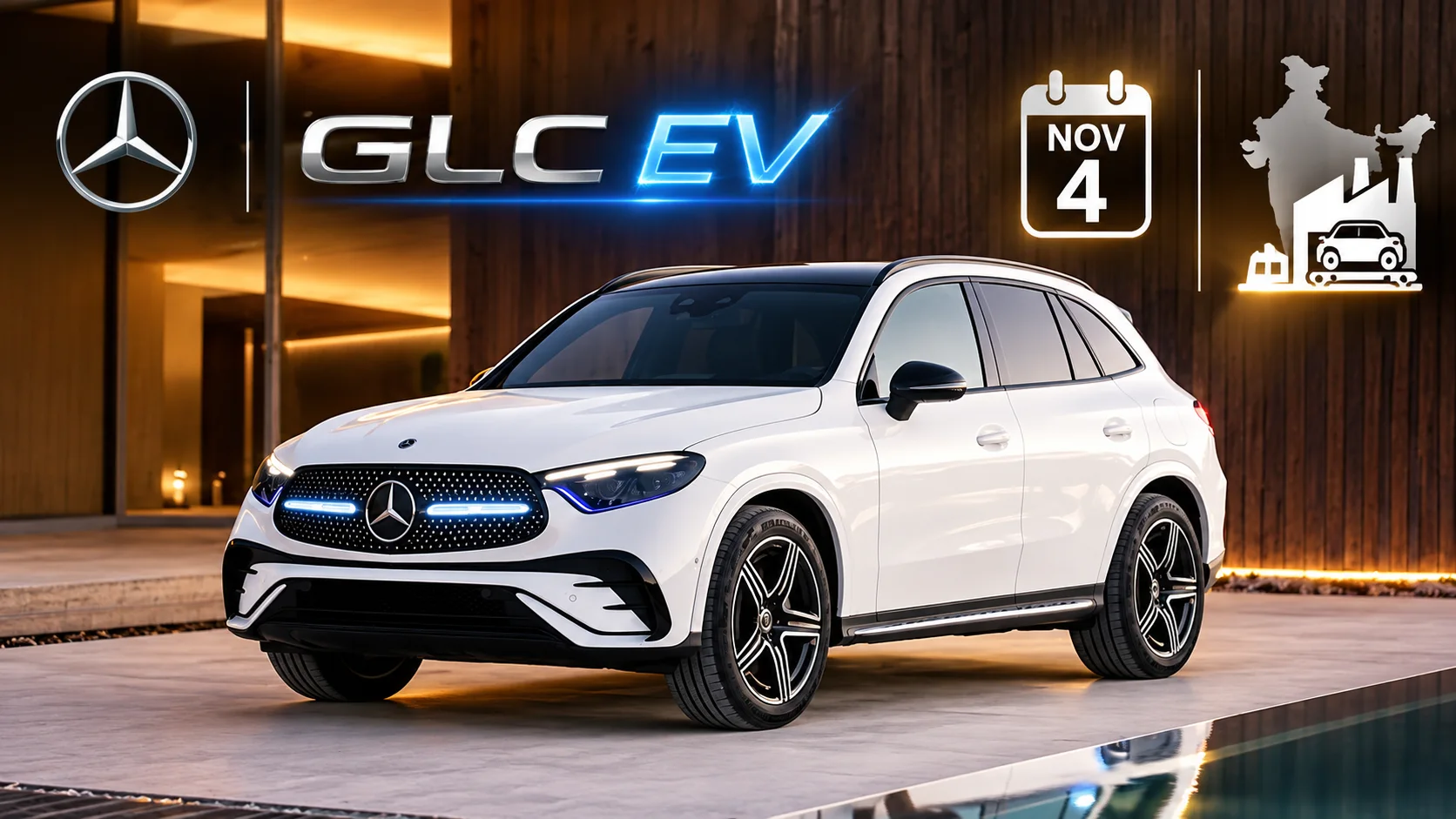 Mercedes-Benz electric GLC SUV shown in an automotive setting, representing its upcoming India launch on November 4, 2026.